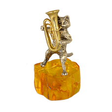 Серебряная статуэтка "Кот с трубой" на янтаре